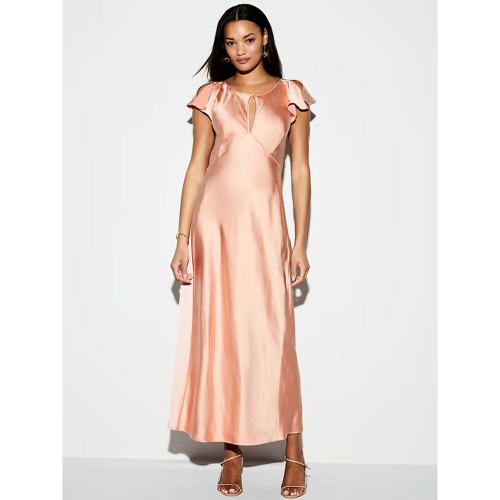 The Occasion by Old Navy Flutter-Sleeve Keyhole Satin Maxi Dress Large Peach NWT
